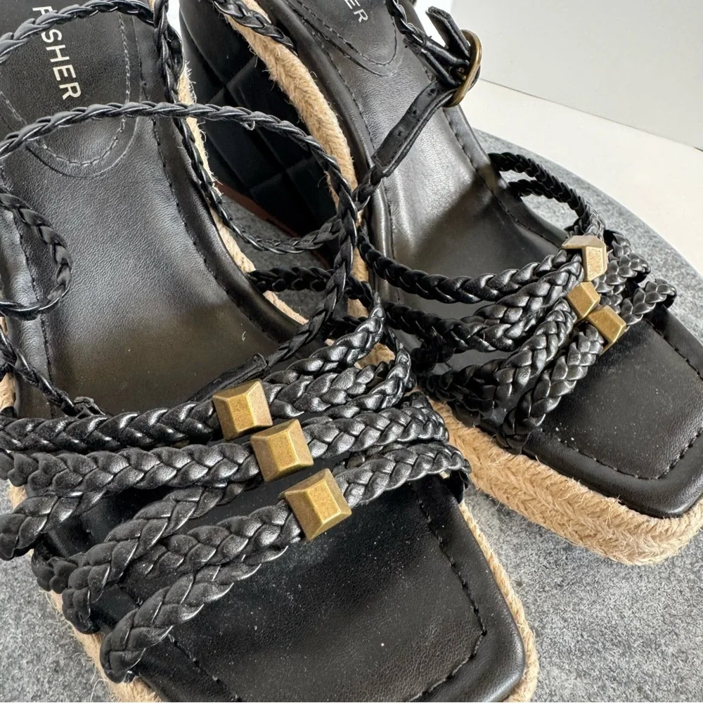 Marc Fisher Black Tan Hayla Wedge Heels Sandals 8 Leather